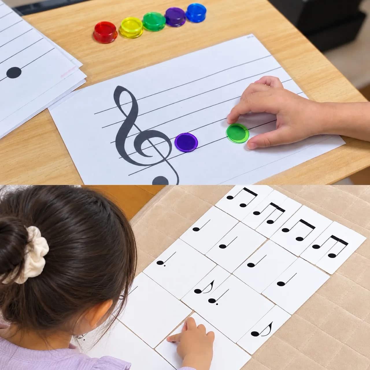 ト音記号の五線譜におはじきを置く子どもの手と、リズムカードを並べる女の子